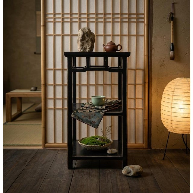Oriental Black Lacquer Rectangular Wood Plant Stand Pedestal Table ...