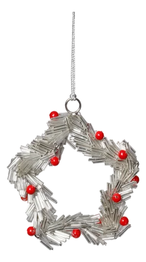 Festive Beaded Ornaments with Red Berries, Set of 12, Silver Star, 4"