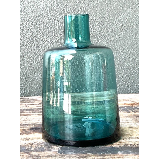 Glass Vintage Small Teal Glass Vase For Sale - Image 7 of 12