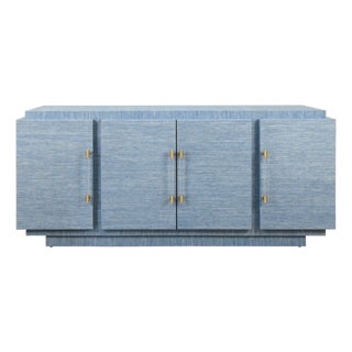 Matthew Izzo Home Steele Blue Grasscloth Four Door Wrap Around Modern Buffet With Acrylic and Brass Hardware For Sale