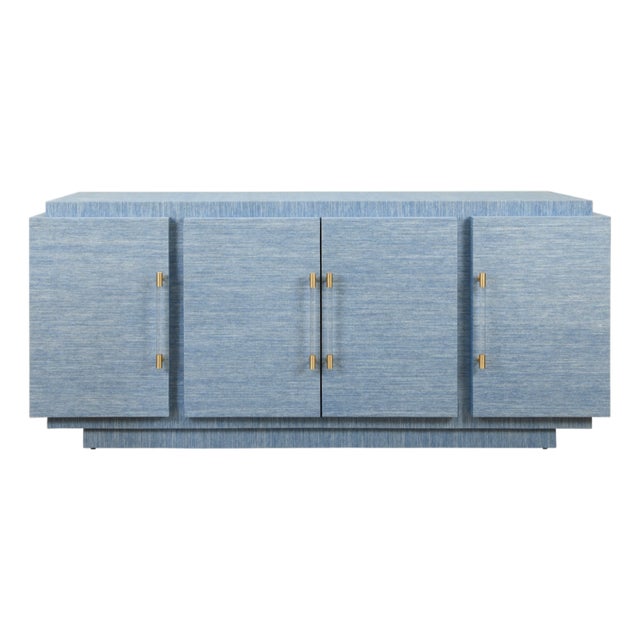 Matthew Izzo Home Steele Blue Grasscloth Four Door Wrap Around Modern Buffet With Acrylic and Brass Hardware For Sale