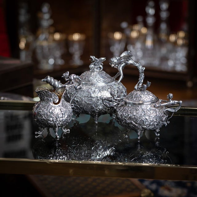 Antique late-19th century very rare and highly decorative italian solid silver three piece tea set by g. Accarisi. Each...