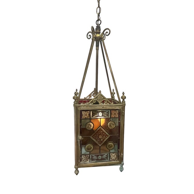 Herter brothers style A fine 19th century hanging hall fixture. Heavy brass gauge frame with hand painted leaded stained...