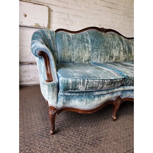 Victorian Antique Carved Wood Blue Velvet Sofa | Chairish