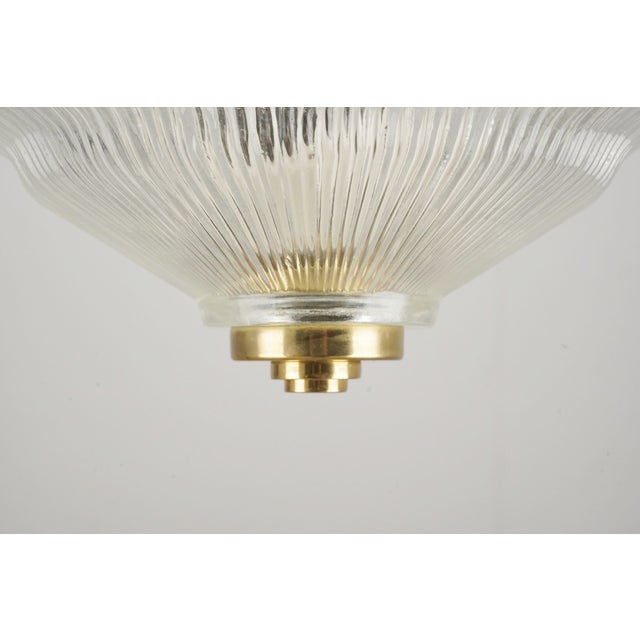 Vintage Art Deco Ribbed Glass Brass Semi Flush Mount Light For Sale - Image 4 of 10