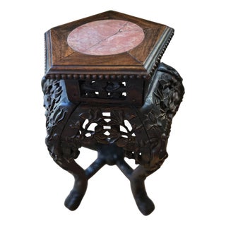 Antique Carved Rosewood Asian Plant Stand Pink Marble Inlay Intricate Floral Detail For Sale