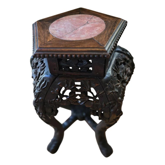 Antique Carved Rosewood Asian Plant Stand Pink Marble Inlay Intricate Floral Detail For Sale