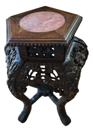 Antique Carved Rosewood Asian Plant Stand Pink Marble Inlay Intricate Floral Detail