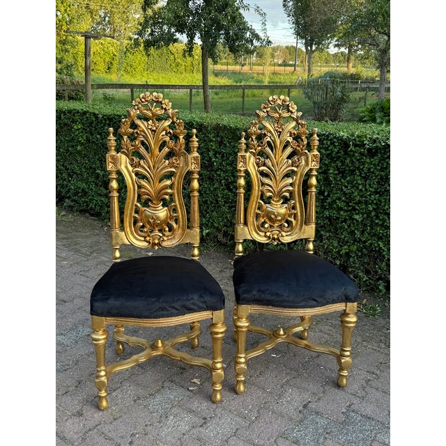 1900 Italian Rococo Gold Beech Black Velvet Dining Chairs - Set of 6 Pc For Sale - Image 15 of 18
