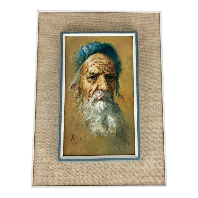 Mid 20th Century Vintage Portrait Jewish Man Hat Beard William Weintraub Oil Board Israeli Art For Sale