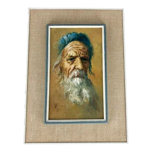 Mid 20th Century Vintage Portrait Jewish Man Hat Beard William Weintraub Oil Board Israeli Art