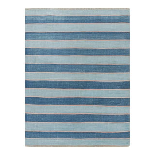 Rug & Kilim's Contemporary Dhurrie Rug in Blue Stripes - 14x20 For Sale