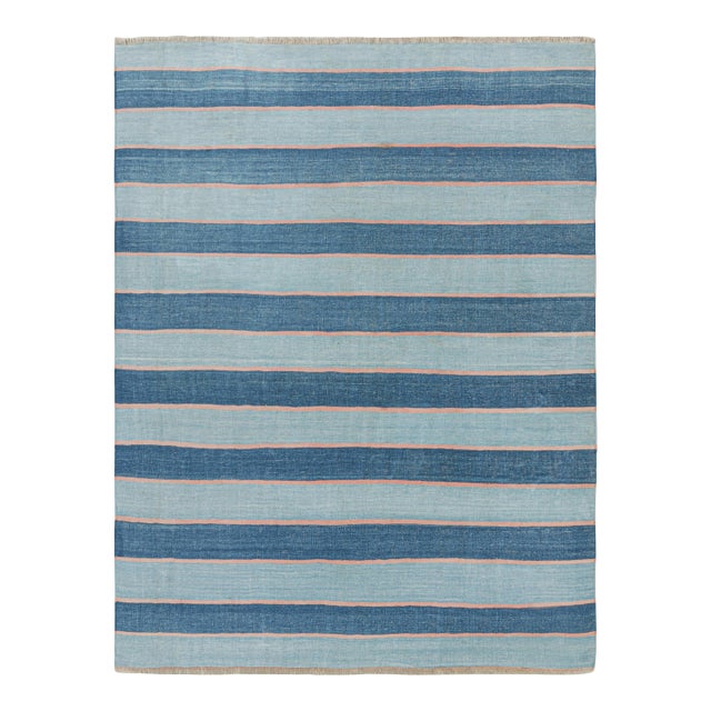 Rug & Kilim's Contemporary Dhurrie Rug in Blue Stripes - 14x20 For Sale