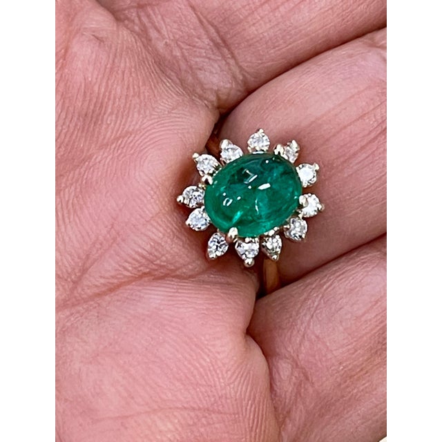 Metal 2 Carat Natural Cushion Cabochon Emerald & Diamond Ring 14 Karat Yellow Gold For Sale - Image 7 of 8