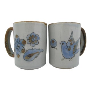 Ken Edwards El Palomar Blue Bird Flowers Mexican Tonala Folk Art Coffee Cup Pair For Sale