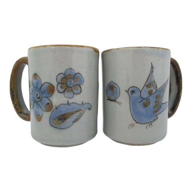 Ken Edwards El Palomar Blue Bird Flowers Mexican Tonala Folk Art Coffee Cup Pair For Sale