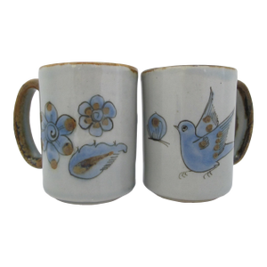 Ken Edwards El Palomar Blue Bird Flowers Mexican Tonala Folk Art Coffee Cup Pair