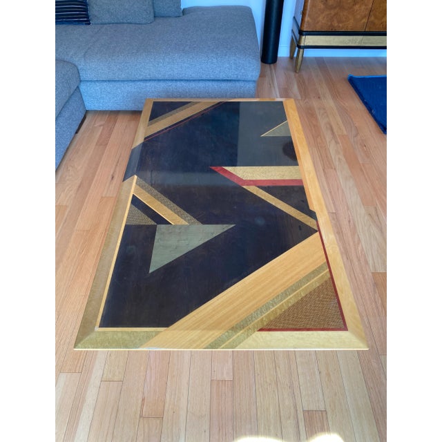 Rare Giovanni Offredi for Saporiti Italian Coffee Table - Geometric Dyed Wood Veneer Top & Sculptural Iron Base For Sale - Image 11 of 13