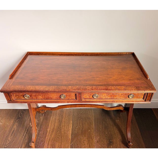 Brown 1950s Baker Furniture Mahogany and Burl Wood Writing Desk / Console Table With Gallery Back – Traditional Elegant Design For Sale - Image 8 of 17