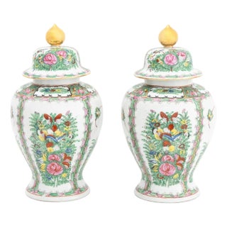 Pair of Vintage Asian Floral Painted Porcelain Covered Urns For Sale