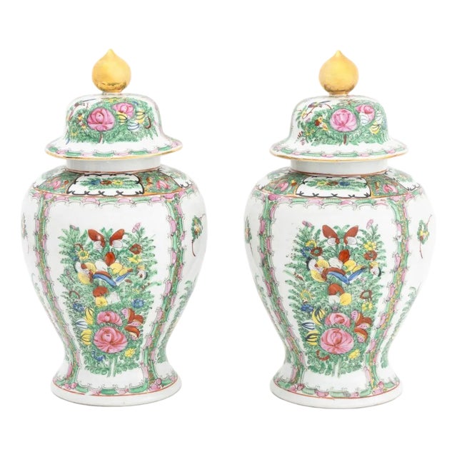 Pair of Vintage Asian Floral Painted Porcelain Covered Urns For Sale