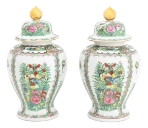 Pair of Vintage Asian Floral Painted Porcelain Covered Urns