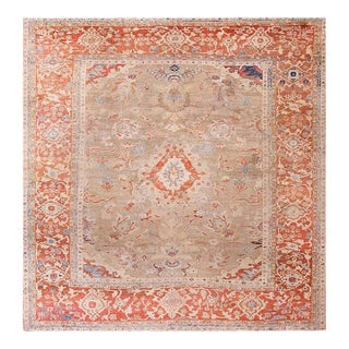1880s Tan Sand Medallion Antique Persian Ziegler Sultanabad Rug 10'5" X 10'6" Handknotted Wool Carpet For Sale