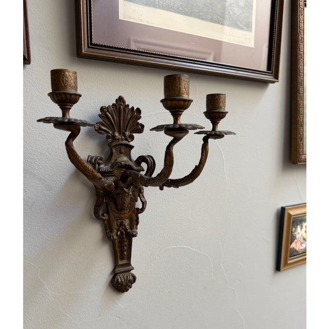 Antique 19th-Century Louis XVI Style Patinated Bronze Three-Light Wall Sconce For Sale In Dallas - Image 6 of 13