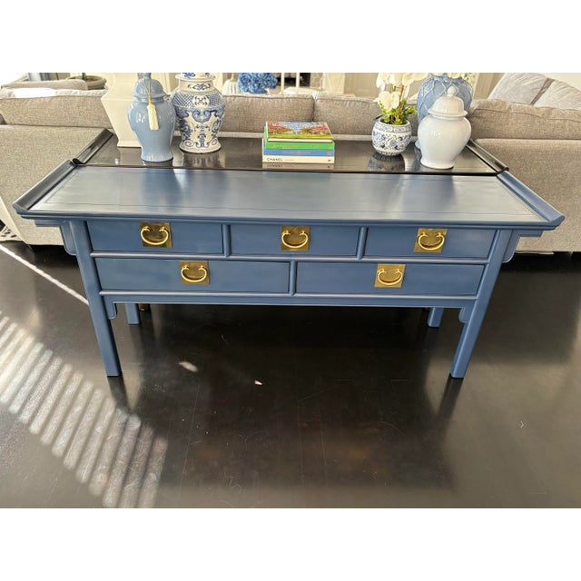 Blue Late 20th Century Coastal Blue Chinoiserie Chic Pagoda Style Credenza by Century For Sale - Image 8 of 12