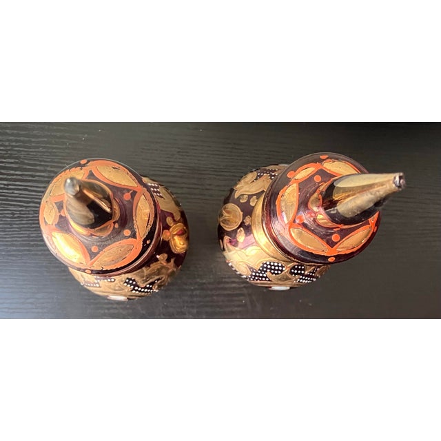 Antique Bohemian Gold Guilt Ruby Glass Decanters, for Middle Eastern Market - a Pair For Sale - Image 11 of 12