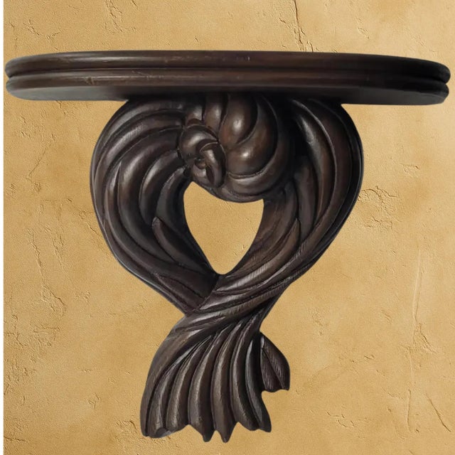 Wood 1970s Italian Hand-Carved Dark Wood Wall Bracket Shelf, Old World Scroll Demilune, Made in Italy For Sale - Image 7 of 14