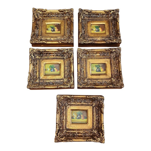 1940s Group of Five Gilt Framed Oil on Board Fruit Still Life Paintings For Sale