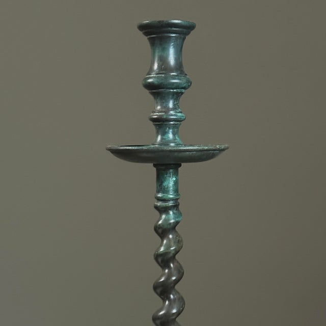 Verdigris Pair of Large Vintage Verdigris Bronze Barley Twist Candelabras For Sale - Image 8 of 11