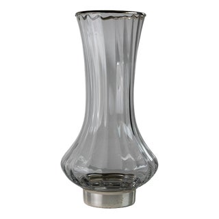 Vintage Clear Glass Vase with Linear Pattern and Silver-Plated Details, 1980s For Sale