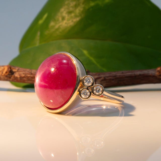 19.9ct Star Ruby Ring With Natural Diamond Accents: Solid 14k Gold, Round 15mm, Size 6.75 For Sale In Columbus - Image 6 of 9