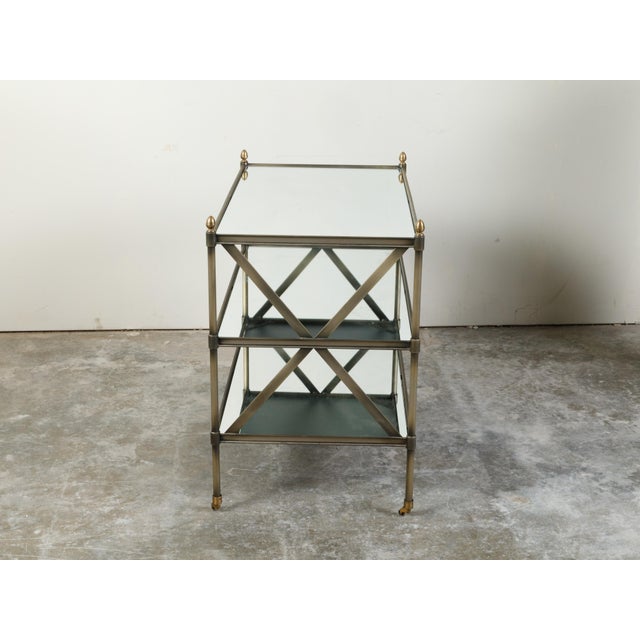 Mid 20th Century Italian Midcentury Patinated Metal Trolley with Mirrored Shelves and Casters For Sale - Image 5 of 10
