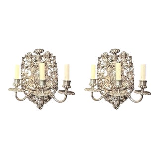 1900 Caldwell Silver Plated Sconces With Cherubs 3 Lights - a Pair For Sale