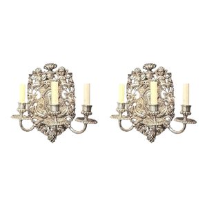 1900 Caldwell Silver Plated Sconces With Cherubs 3 Lights - a Pair