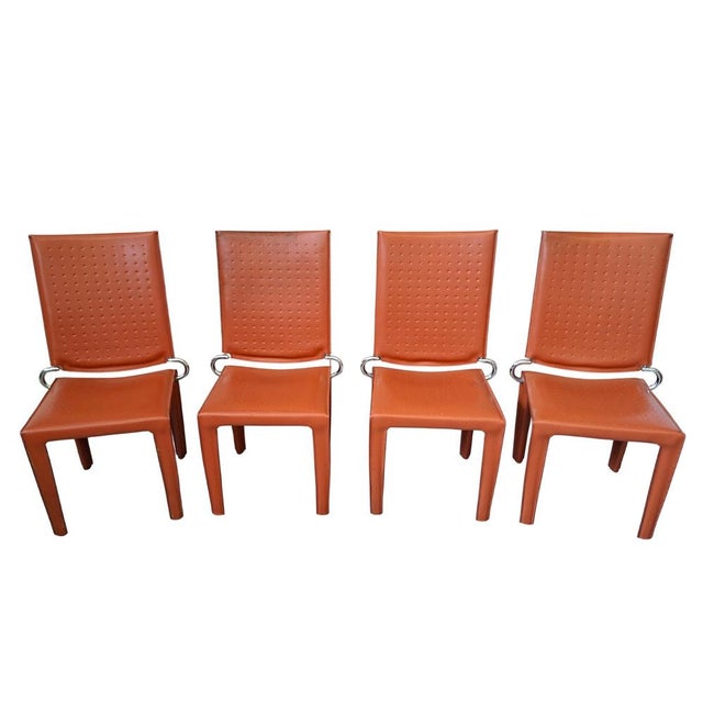 Vintage Chairs in Orange Leather and Iron, 1980, Set of 4 For Sale - Image 11 of 11
