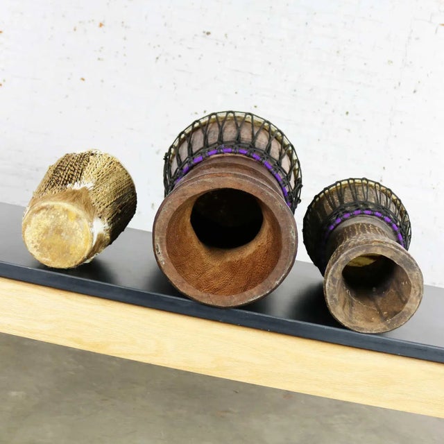 Wood Vintage Trio of Tribal Drums Carved Wood and Animal Hide For Sale - Image 7 of 13
