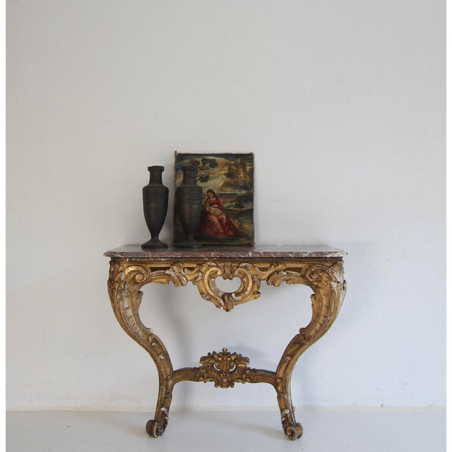 Louis XV Style Carved Giltwood Console Table with Marble Top, 19th Century For Sale - Image 3 of 18