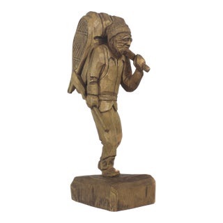 V Fortin 13” Vintage Hand Carved Wood Hunter Trapper Winter Traveller French Canadian Folk Art, Figurine, Signed Wood Carving Quebec Man For Sale