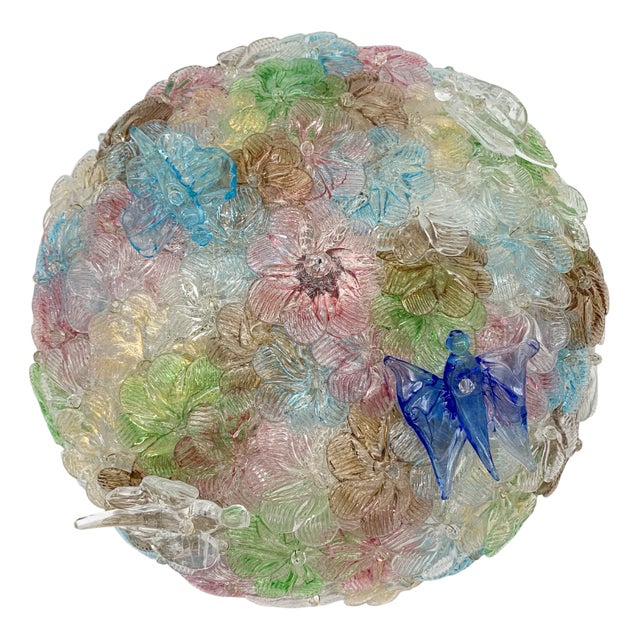 Vintage Ceiling Light with Murano Flowers and Butterfly by Livio Seguso, 1960 For Sale