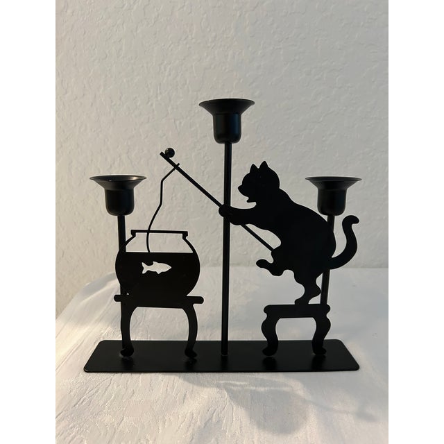 1980s Vintage Fishing Black Cat Triple Candleholder For Sale - Image 5 of 5