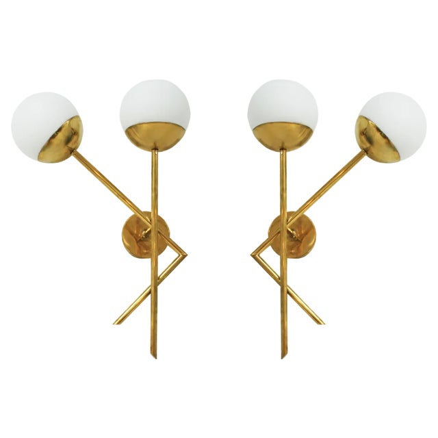 Mid-Century Italian Modern Style Brass and Glass Sconces, Set of 2 For Sale