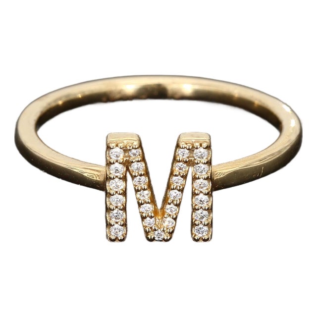 14k Yellow Gold "M" Ring With 0.15ctw of Diamonds - Size 7 For Sale
