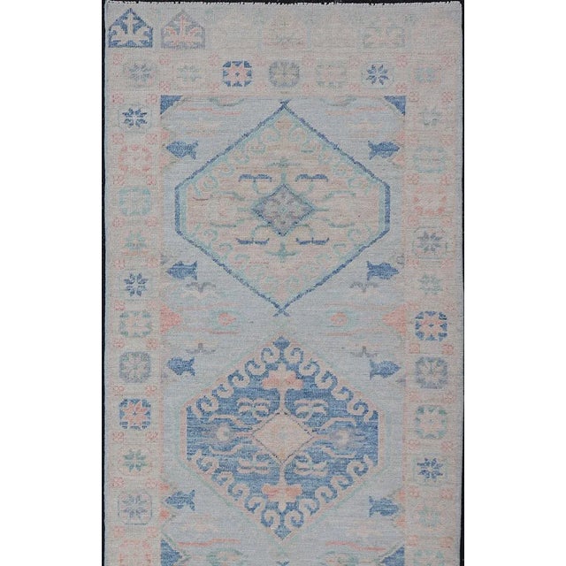 Blue Modern Oushak Medallion Design Runner With Light Blue Color by Keivan Woven Arts For Sale - Image 8 of 11