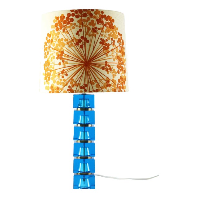 Blue Glass and Brass Table Lamp by Carl Fagerlund for Orrefors, Sweden, 1960s For Sale
