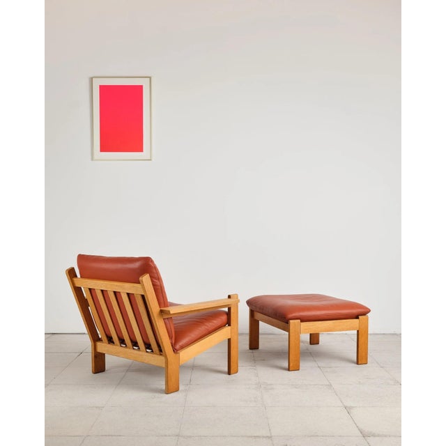 Brutalist Lounge Chair with Ottoman in Oak and Leather by Tage Poulsen, Denmark, 1960s, Set of 2 For Sale - Image 4 of 18