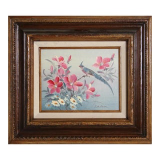 Blue Bird in Flowers, Unknown Artist Oil on Board, Signed 'c.k. Chan' L.r. For Sale